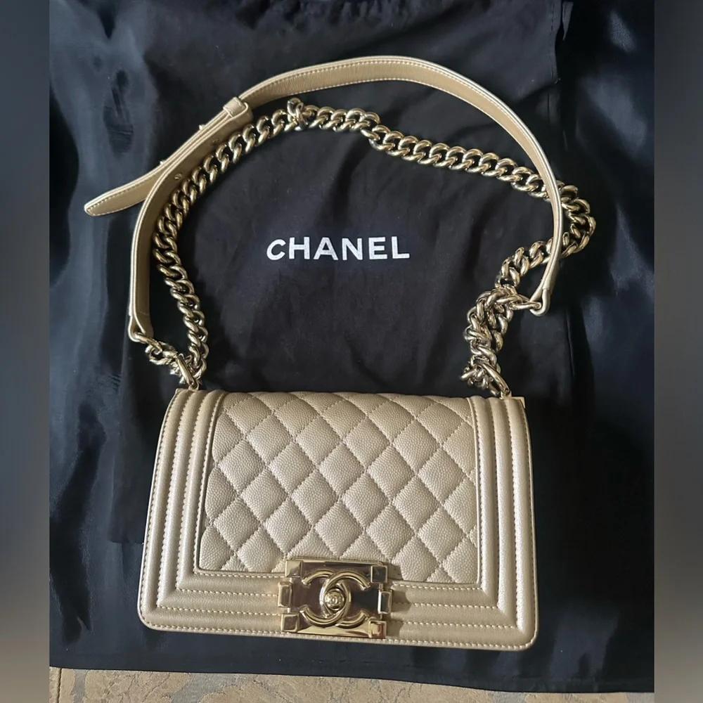 Chanel Caviar Leather Light Gold Beige Boy Bag Small - Picture 1 of 12